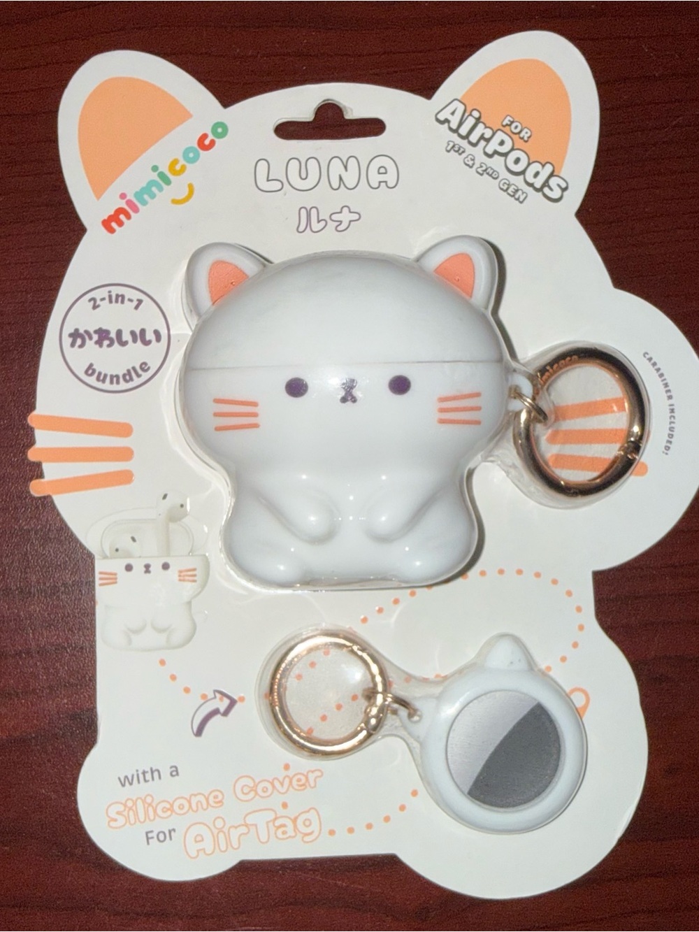 MIMI & COCO White & Peach Cat AirPods Case with Matching AirTag Silicone Cover